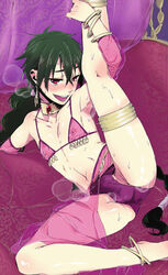 1boy blush bra crossdressing femboy green_hair judal leg_band magi:_the_labyrinth_of_magic male male_only meryx3 penis red_eyes solo spread_legs trap underwear veil very_long_hair