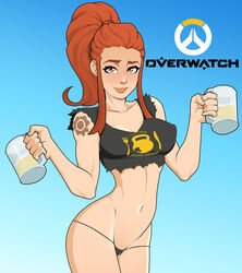 1girls 2d beer breasts brigitte brigitte_lindholm brown_eyes brown_hair female freckles overwatch ponytail rodjim tattoo thong underwear