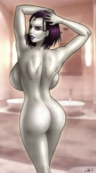 1girls 2011 5:9 aged_up ass bathroom big_breasts bondage breasts cartoon_network cerberuslives completely_naked_female dc dc_comics dcau female female_only grey_skin huge_breasts large_breasts looking_at_viewer looking_back looking_back_at_viewer naked nude nude_female purple_eyes purple_hair purple_lipstick rachel_roth raven_(dc) sideboob smooth_skin solo teen_titans toonami wilko