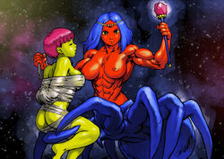 2girls abs arachnid areola ass bangs biceps black_eyes blue_hair breasts closed_eyes female femdom femsub gem green_skin large_breasts lesbian_spider-queens_of_mars long_hair looking_at_viewer medium_breasts multi_leg multi_limb multiple_girls muscular_female nipples perky_breasts pokkuti pose purple_hair red_skin short_hair small_ass spider spider_girl yellow_sclera