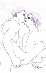 2boys anal_penetration anal_sex batarang batman batman_(series) bruce_wayne dc_comics erect_nipples eyeshadow facial_scar gay hand_on_ass hand_on_chest imminent_kiss joker line_art male male_only no_visible_genitalia nude scar the_dark_knight yaoi