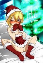 bare_shoulders blonde_hair blush boots breasts crescent female gloves harusame hat heart heart-shaped_pupils highres looking_at_viewer lunasa_prismriver nipples no_panties santa_costume santa_hat short_hair sitting skirt smile solo spread_legs sweat symbol-shaped_pupils touhou wink yellow_eyes