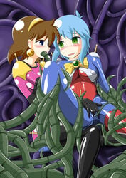 2010 2girls allenby_beardsley blue_hair blush bodysuit breasts brown_hair curvaceous duo female fingering g_gundam gundam human large_breasts light-skinned_female light_skin mobile_trace_suit multiple_girls pilot_suit rain_mikamura short_hair tagme tamakko tentacle yuri