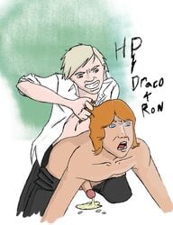 2boys anal anal_penetration anal_rape anal_sex angry_sex blue_eyes clenched_teeth cum_while_penetrated draco_malfoy erection gay ginger_hair green_background grey_eyes hair_pull harry_potter male mouth_open multiple_males open_shirt pained_expression pants_down penis platinum_blonde_hair ron_weasley tagme topless two_tone_background white_background yaoi