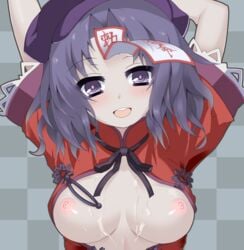 1girls arms_up beret blue_eyes blue_hair blush breasts breasts_apart bust cum cum_on_body cum_on_breasts cum_on_upper_body female hat jiangshi large_breasts looking_at_viewer matsuto_kabun matsuyuki_kabun nipples no_bra ofuda open_clothes open_shirt pale_skin shirt short_hair simple_background solo touhou yoshika_miyako