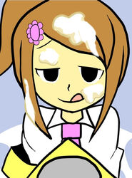 1girls black_eyes clothing come_hither cum cum_in_face facial looking_at_viewer naughty_face nintendo ponytail pov reporter_(rhythm_tengoku) rhythm_heaven rhythm_tengoku tied_hair tongue