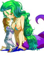 1boy 1girls akuma_no_mi artist_request barefoot blonde_hair boa_sandersonia breasts female green_eyes green_hair hair hebi_hebi_no_mi hebi_hebi_no_mi,_model:_anaconda large_breasts male monster_girl nipple_slip one_piece size_difference snake_girl