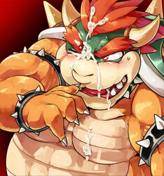 1boshi 1boy 2014 anthro blush bowser chubby claws cum cum_in_hair cum_in_mouth cum_inside cum_on_body cum_on_chest cum_on_eye cum_on_face hair horn koopa male male_only mario_(series) muscles nintendo no_nipples nude open_mouth orange_eyes red_eyebrows red_hair reptile scalie shell solo spikes teeth tongue turtle