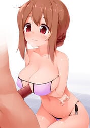 bare_shoulders bikini blush breasts brown_hair cleavage female kaisen_chuui large_breasts male navel original paizuri penis side-tie_bikini smile solo_focus straight swimsuit