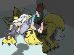 1boy 1girls anthro anthro_on_female anthro_on_human barefoot color colored dark digimon female female_human fur furry fydbac handjob human indoors interspecies male male/female male_anthro male_anthro/female_human male_renamon nude renamon rika_nonaka tagme