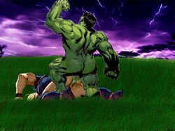 2boys anal anal_penetration anal_sex artist_request avengers black_hair blonde_hair cum_in_ass dark_sky fist_raised gay grass green-skinned_male green_skin hulk hulk_(series) human light-skinned_male light_skin lightning_bolt male male_only marvel multiple_males outdoors prone_bone tagme thor_(marvel) thor_(series) torn_pants yaoi