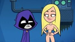 2girls accurate_art_style blonde_hair breasts brown_eyes dc dc_comics edit hood lipstick multiple_girls necklace nude pink_lips purple_eyes pussy rachel_roth raven_(dc) smooth_skin tara_strong teen_titans teen_titans_go wide_hips