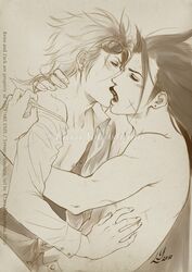 2010 2boys final_fantasy final_fantasy_vii french_kiss gay kissing lara_yokoshima male reno shirtless tagme tongue tongue_kiss undressing yaoi zack_fair