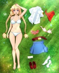 :d arm_up bare_arms bare_legs bare_shoulders barefoot belt belt_removed bikini blonde_hair blue_skirt bra bra_removed braid breasts brown_footwear clothes_removed collarbone commentary day everlasting_summer feet female flower from_above full_body gluteal_fold highres huyase legs long_braid long_hair looking_at_viewer looking_up lying medium_breasts navel on_ground open_mouth outdoors panties panties_removed pink_bra russian_commentary shirt_removed shoes shoes_removed short_sleeves skirt skirt_removed slavya-chan smile socks_removed solo striped striped_panties sunlight swimsuit thigh_gap twin_braids twintails underwear very_long_hair white_bikini