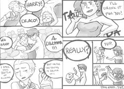 1girls comedy comic dialogue draco_malfoy english_text female gay gryffindor harry_james_potter harry_potter hermione_granger joke monochrome school_clothes school_uniform slytherin speech_bubble sweater_vest tagme text witch_(harry_potter) yaoi