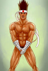 1boy fatal_fury gaycandypop joe_higashi king_of_fighters male male_only muscular nipples pubic_hair simple_background snk solo sweatdrop tagme tongue_out video_games