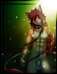 2013 abs anthro balls biceps brown_fur brown_hair canine feline fur green_background grey_fur hair light looking_at_viewer male male_only muscles nude pecs plain_background pose red_eyes red_ribbons requiembeatz ribbons sheath smile standing tan_fur wulflion