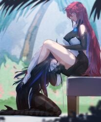 1futa 1girls ahoge asymmetrical_horns bare_shoulders bed black_gloves black_hair black_horns black_skirt blowjob blue_fire breasts colored_inner_hair cum cum_in_mouth cum_overflow demon_horns elizabeth_rose_bloodflame fellatio fire fur_trim futa_with_female futanari gloves grabbing_another's_horns high_heels highres hololive hololive_english hololive_english_-advent- hololive_english_-justice- horns kairos+ kneeling large_breasts long_hair multicolored_hair multiple_girls nerissa_ravencroft open_mouth oral palm_tree pantyhose red_eyes red_hair shirt signature skirt stiletto_heels striped_clothes striped_shirt tree two-tone_hair uneven_horns vertical-striped_clothes vertical-striped_shirt very_long_hair virtual_youtuber yuri