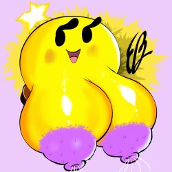 1:1 absurd_res big_breasts breasts eddiebrije female feral hi_res huge_breasts mario_and_luigi_(series) mario_bros nintendo nipples not_furry nude open_mouth purple_nipples simple_background solo sphere_creature star_sprite starlow tongue waddling_head yellow_body
