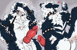 animal_genitalia animal_penis anthro balls big_penis blue_tongue bodily_fluids bracelet butt canine_genitalia canine_penis claws collar colored digital_drawing_(artwork) digital_media_(artwork) electronics erection fluffy forked_tongue fur genital_fluids genitals hi_res holding_leash holding_object holding_phone honeypie~ huge_penis jewelry knot knotted_penis leash leashed_collar looking_at_object looking_at_phone male multicolored_body multicolored_fur multiple_poses penis phone pose precum red_penis sergal shaded sharp_teeth snout solo spiked_bracelet spiked_collar spikes tail teeth tongue two_tone_body two_tone_fur vein veiny_penis white_claws worshipable_balls yellow_eyes