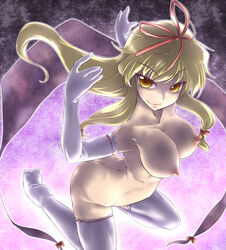 1girls 2d blonde blonde_female blonde_hair breasts closed_mouth closed_smile elbow_gloves female female_only gap gloves hair human human_female human_only large_breasts long_hair nipples nude open_eyes ribbon smile smiling solo thighhighs touhou yellow_eyes yellow_hair yoshi_tama yukari_yakumo