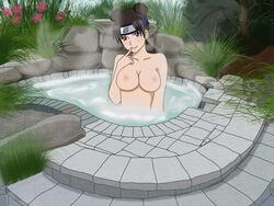 1girls 2d areolae blush breasts brown_eyes brown_hair completely_nude completely_nude_female double_bun female female_only finger_to_mouth forehead_protector hot_spring hot_tub human human_female human_only in_water light-skinned_female light_skin looking_at_viewer naruto naruto_(series) naruto_shippuden nipples nude nude_female outdoors partially_submerged pink_nipples smile solo steam straight_hair tenten tied_hair tifa-bells upper_body water