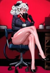 1girls ai_generated clothed demon_girl demon_horns demon_tail glasses helltaker high_heels looking_at_viewer maddogai office office_lady pandemonica_(helltaker) red_eyes shiny_skin wet_pussy white_hair