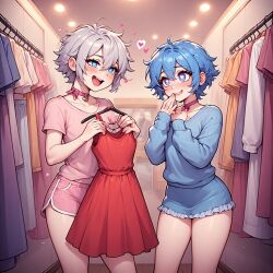 2boys 2femboys adorable ai_generated best_quality blue_eyes blue_hair blush clothing_store crossdressing cute detailed_background dress duo femboy feminine_male floating girly_boy grey_hair heart heart-shaped_pupils highres holding_clothes kawaii looking_at_each_other mall masterpiece on_hanger original_character otoko_no_ko paocomq sfw shopping short_hair sil_pol smiling soft_lighting trap zoe_pol