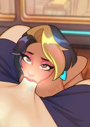 1boy 1girls blowjob blowjob_face dark-skinned_female dark_skin day daytime deepthroat domina evening flirting flirty indian indian_female light-skinned_male light_skin naked naked_female night oral overwatch overwatch_2 pachicat sitting sitting_on_chair sucking sucking_penis