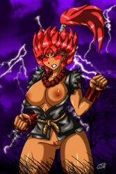 1girls 2d akuma angry artist_request bottomless breasts brown_nipples capcom clenched_teeth clothes color female female_only front_view glowing_eyes grass hair human human_female human_only lightning long_hair necklace nipples open_eyes outdoors ponytail pubic_hair pussy red_eyes red_hair rule_63 solo standing straight_hair street_fighter street_fighter_iv tan_skin tied_hair uncensored vulva