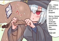 1girls atotama ballbusting castration cock dick english_text female femdom genitals grabbing_balls open_mouth original penis red_eyes red_eyes_female squeezing squeezing_balls testicles text woman x-ray