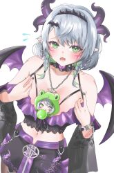2girls :p animal_onesie bare_shoulders bat_hair_ornament belly_button big_breasts blush braid braided_hair breasts camisole cheek_markings chibi cleavage collar cowboy_shot detached_collar dutch_angle earrings embarrassed female flesh_fang frilled_camisole frills froot green_eyes green_hair grey_hair hair_ornament hands_on_breasts hands_on_own_breasts headband horn_piercing horns huge_breasts indie_virtual_youtuber large_breasts licking licking_lollipop lolipop long_sleeves looking_at_viewer midriff mini_person multicolored_hair navel necklace off_shoulder onesie open_mouth pale-skinned_female pale_skin pantyhose pencil_skirt person_between_breasts pointy_ears short_hair sidelocks skirt smile solo spiked_headband surprised surprised_expression swept_bangs teeth thick_thighs thighhighs thighs tongue tongue_out virtual_youtuber vtuber wide_hips wings wristband wristwear