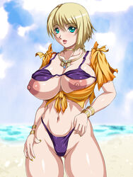 1girls 2d alternate_costume areola_slip areolae beach bikini blonde_hair bonne_jenet breasts cyan_eyes day daytime female female_only huge_breasts human human_female human_only jewelry king_of_fighters king_of_fighters_maximum_impact light-skinned_female light_skin looking_at_viewer necklace nipples snk solo swimsuit water_beryl