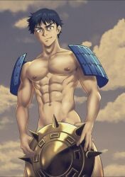 1boy abs allenchen0310 armor big_areola black_hair breasts brown_eyes cloud collarbone completely_nude covering covering_crotch dirty_body frown gay hi_res holding_object kingdom male male_only mature_male muscles muscular muscular_arms muscular_male navel no_body_hair no_visible_genitalia nude outdoor_nudity outdoors pecs shield shin_(kingdom) short_hair shoulder_armor six_pack sky smile smirk solo spiked_shield spikes standing sunset tough_guy yaoi