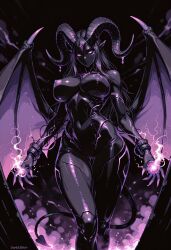 1girls ai_generated black_body black_skin breasts darkeffect demon demon_girl demon_horns demon_wings female female_focus female_only horns looking_at_viewer magic magic_user magical_girl nightmare_waifu presenting pussy solo solo_female solo_focus wings