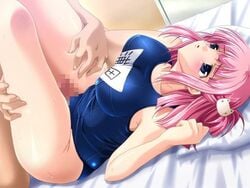 1boy 1girls 2d artist_request bed blue_eyes blush breasts censored character_request copyright_request female female_focus game_cg hair hairclip head_on_pillow human human_female human_male human_only large_breasts legs_up lying lying_on_back lying_on_bed male on_back on_bed one-piece_swimsuit open_eyes open_mouth penis pillow pink_hair school_swimsuit sex shiny_clothes short_hair source_request straight sweat swimsuit thigh_sex thighs unseen_male_face