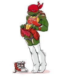 animal_genitalia animal_penis anthro blush bodily_fluids bottomwear cheerleader cheerleader_outfit clothed clothing clothing_lift crossdressing digital_media_(artwork) english_text erection footwear genital_fluids genitals hi_res leaking_precum legwear male narrowed_eyes partially_clothed penis precum precum_string raphael_(tmnt) relatedturtles reptile scalie shell shirt shoes shoes_removed simple_background skirt skirt_lift solo standing stockings tank_top teenage_mutant_ninja_turtles text topwear turtle underwear underwear_down