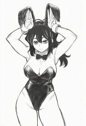 ... ai_generated animal_ears armpits arms_up bags_under_eyes bare_legs bare_shoulders barely_contained black_and_white black_hair borrowed_character bow bowtie breasts breasts_too_big bunnysuit cleavage closed_mouth clothing cowboy_shot detached_collar fake_animal_ears female green_eyes hatching_(texture) highleg highleg_leotard large_breasts leotard long_hair looking_at_viewer playboy_bunny ponytail rabbit_ears rabbit_pose renee_graves simple_background solo solo_female solo_focus spot_color standing strapless strapless_leotard the_coffin_of_andy_and_leyley thighs tight_clothes tight_clothing tight_fit too_tight white_background wrist_cuffs