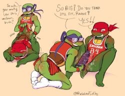 anal anal_penetration anthro anus ass_up blush bodily_fluids bottomless bottomless_anthro bottomless_male bottomwear brother_(lore) brother_penetrating_brother brothers_(lore) butt cheerleader cheerleader_outfit clothed clothing clothing_lift crossdressing digital_media_(artwork) dildo donatello_(tmnt) duo english_text erection eyewear feet footwear from_behind_position gay gay_male genital_fluids genitals glasses hi_res holding_dildo holding_object holding_sex_toy incest_(lore) kneeling male male/male male_penetrated male_penetrating male_penetrating_male mask narrowed_eyes one_eye_closed open_mouth penetration penile penis raised_bottomwear raised_clothing raised_skirt raphael_(tmnt) relatedturtles reptile saliva saliva_on_tongue saliva_string scalie sex sex_toy shell shirt sibling_(lore) simple_background sitting skirt skirt_lift slit_penis smile socks tail tank_top tears tears_of_pleasure teenage_mutant_ninja_turtles teeth text toes tongue tongue_out topwear turtle wearing_glasses yaoi