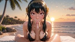 1boy ai_generated beach bikini black_bikini black_hair breasts cum cum_in_mouth earrings fellatio female flower gold_hairband hair_flower hair_ornament hairband jewelry large_breasts large_penis looking_at_viewer makeup meitabuu ocean oral outdoors palm_tree penis pov red_eyes rose sidelocks sky solo_focus spy_x_family straight sunset swimsuit tree uncensored veins veiny_penis yor_briar yor_forger