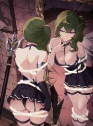 absurdres armlet ass back bare_shoulders black_dress black_panties breasts choker cleavage collarbone commission commissioner_upload crack cracked_wall dress female fingernails from_behind green_hair hair_between_eyes highres jewelry jojobirdz large_breasts looking_at_mirror mage_staff median_furrow medium_hair miniskirt mirror non-web_source off_shoulder panties perverted_utility purple_eyes reflection shoulder_blades side_ponytail skirt smile snake_print solo sorganeil sousou_no_frieren staff thigh_strap ubel_(sousou_no_frieren) underwear v weapon wedgie wooden_floor