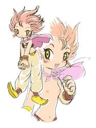 1girls 2d 5_fingers bi-nyo blush bracelet breasts closed_mouth clothes clothing color dragon_ball dragon_ball_z female female_majin_buu female_only flat_chest footwear genderswap hair humanoid looking_at_viewer majin majin_buu nipples open_mouth pants pink_hair pink_skin pukao round_ears rule_63 shoes short_hair smile solo standing straight_hair topless uncensored vest white_background