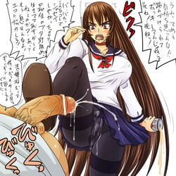 2d angry beer beer_can blush bodily_fluids breasts brown_hair bulge can censored cigarette cleavage clothed_female cum ejaculation erect_nipples erect_nipples_under_clothes feet footjob futa_on_male futadom futanari handsfree_ejaculation intersex kyou-hime large_breasts loafers long_hair looking_down male nozarashi_satoru original panties panties_under_pantyhose pantyhose pantyshot penis pointless_censoring pov pubic_hair red_eyes school_uniform sengoku_kyouhime shoejob shoes skirt smoking standing standing_footjob standing_on_one_leg testicles text translation_request underwear upskirt veiny_penis very_long_hair