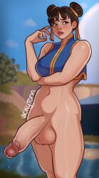 1futa after_sex background blue_clothes blue_clothing brown_eyes brown_hair brown_hair_female chun-li futa_only futanari lake solo street_fighter thick_thighs thinking vickytoria