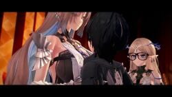 1boy 2girls 3d amazon_position belly_button blonde_hair blowjob blue_eyes blush bouncing_breasts breasts cartethyia_(wuthering_waves) cum cum_in_mouth cum_in_pussy cum_inside cum_three_times earrings fellatio fleurdelys_(wuthering_waves) french_kiss glasses height_difference hentaudio huge_breasts kissing licking_lips light-skinned_female light-skinned_male light_skin male_rover_(wuthering_waves) mommy_kink nekonyan open_mouth painted_nails penis pink_nails rover_(wuthering_waves) size_difference sound swallowing_cum sweetgpt tagme tongue tongue_out video voice_acted wuthering_waves