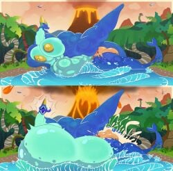 1girl1futa 2025 anthro ass balls ballsack belly_bulge big_ass big_balls big_breasts blue_body blue_skin cavegirl_(mrmadmoai) comic cum cum_inside cumflation detailed_background dino-vember dinovember ejaculation eruption female freckles futa/female human/anthro hyper hyper_female hyper_penis impregnation inflation intersex interspecies_impregnation large_belly large_breasts legs_up light_skin megalodon mrmadmoai_(artist) nipples quincy_(bloons) sequence sex size_difference trees volcano