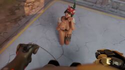 1boy 1girl 3d acting_like_a_cat acting_like_an_animal asian_female chain_leash collar dark-skinned_male doomfist fox_ears green_hair happy_female happy_sub kiriko_(overwatch) kiriko_kamori leash_and_collar looking_at_viewer male_pov overwatch pale-skinned_female partially_clothed pet_play petite petite_breasts petite_female petplay ponytail pov pov_male smaller_female submissive_female