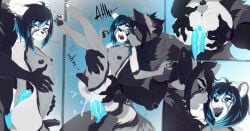 4_toes 5_fingers anal anal_penetration anthro anthro_on_anthro anthro_penetrated anthro_penetrating anthro_penetrating_anthro balls black_body black_claws black_fur black_hair black_nipples black_nose black_pawpads black_penis black_tongue blue_hair blue_penis bodily_fluids breasts canid canine claws cum cum_in_ass cum_inside cum_while_penetrated eyewear feet felid fingers fur genital_fluids genitals glasses grey_balls grey_body grey_fur gynomorph gynomorph/male gynomorph_penetrated hair heart_symbol hi_res humanoid_genitalia humanoid_penis intersex intersex/male intersex_penetrated larger_male male male_penetrating male_penetrating_gynomorph male_penetrating_intersex mammal mefodion multicolored_body multicolored_fur nipples open_mouth pawpads penetration penis sex size_difference small_breasts smaller_gynomorph smaller_intersex teeth toes tongue wearing_glasses