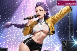 ai_generated areola_slip arm_up black_shorts blush braid braided_ponytail breasts brown_eyes concert covered_nipples crop_top cropped_jacket earrings female female_only holding holding_microphone idol jacket jewelry kpop_demon_hunters large_breasts long_hair microphone midriff music navel necklace netflix open_mouth purple_hair rumi_(kpop_demon_hunters) see-through shiny shiny_skin shirt short_shorts shorts singing solo speaker stage stage_lights stelmazura stomach sweat underboob wet