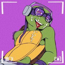 anthro bodily_fluids camera_view cum cum_on_tongue digital_media_(artwork) donatello_(tmnt) electronics eyewear genital_fluids genitals glasses half-closed_eyes headphones hi_res looking_at_viewer male mask narrowed_eyes recording relatedturtles reptile saliva saliva_on_face saliva_string scalie shell simple_background smile solo teenage_mutant_ninja_turtles teeth tongue tongue_out turtle wearing_glasses
